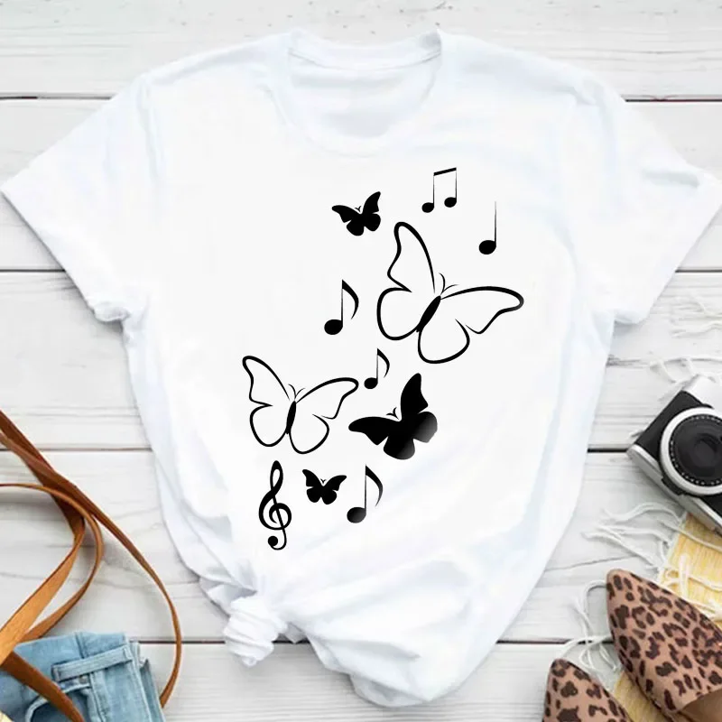 New Fashion Women T-shirt Colorful Butterfly Petal Print Short Sleeve and Round Neck Cute Graphic Tee Shirts Female Tops Clothin