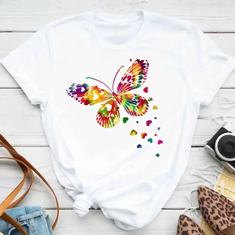 New Fashion Women T-shirt Colorful Butterfly Petal Print Short Sleeve and Round Neck Cute Graphic Tee Shirts Female Tops Clothin