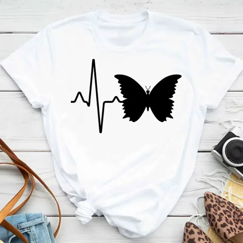 New Fashion Women T-shirt Colorful Butterfly Petal Print Short Sleeve and Round Neck Cute Graphic Tee Shirts Female Tops Clothin