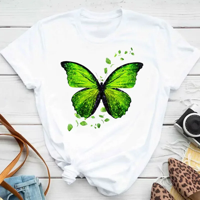 New Fashion Women T-shirt Colorful Butterfly Petal Print Short Sleeve and Round Neck Cute Graphic Tee Shirts Female Tops Clothin