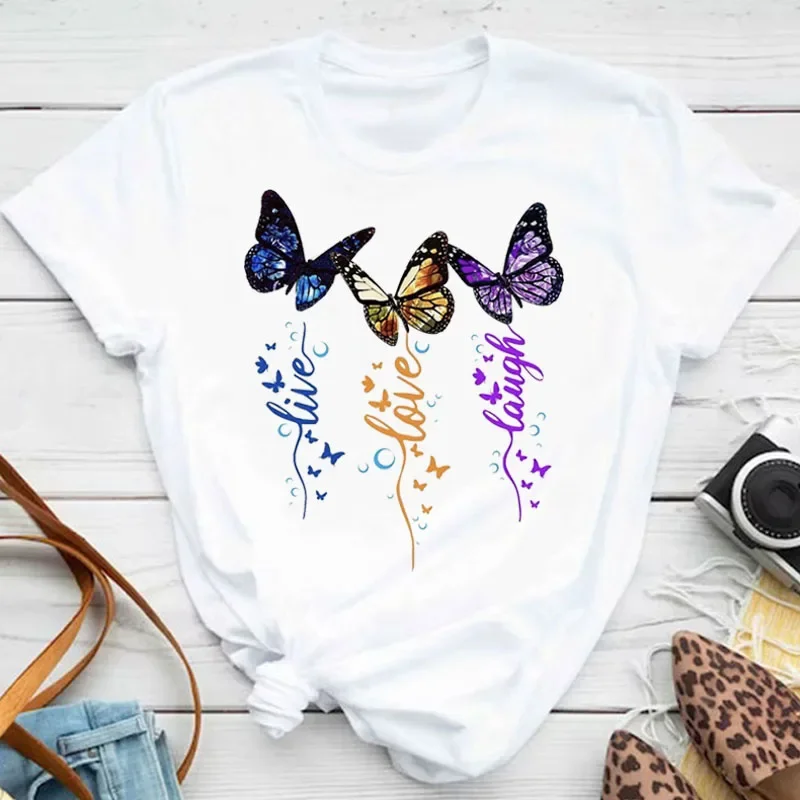 New Fashion Women T-shirt Colorful Butterfly Petal Print Short Sleeve and Round Neck Cute Graphic Tee Shirts Female Tops Clothin