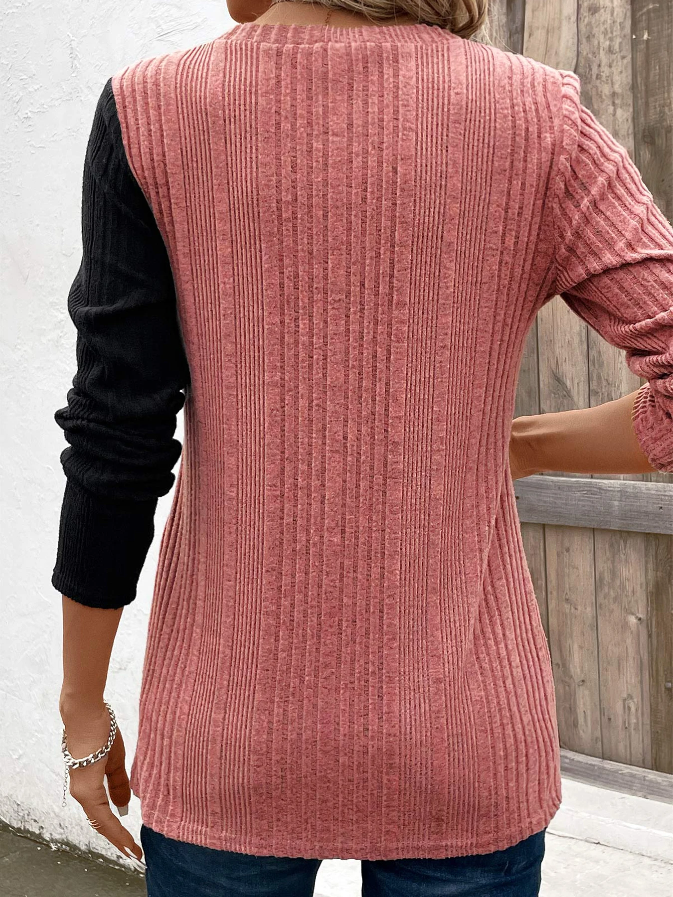 Ribbed Colorblock Button Decor T-Shirt，Casual Long Sleeve Top For Spring & Fall，Women's Clothing