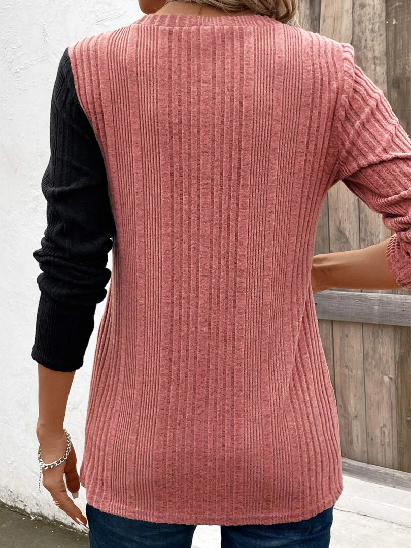 Ribbed Colorblock Button Decor T-Shirt，Casual Long Sleeve Top For Spring & Fall，Women's Clothing - Image 2