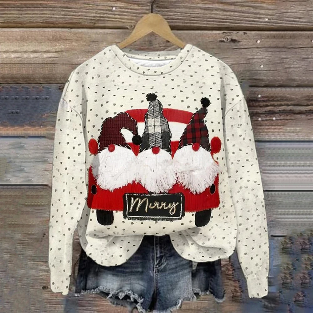 Women Christmas Print O-Neck Tops Cotton Long Sleeve T-Shirts For Women Santa Claus Christmas Print Casual Female Autmun Clothes