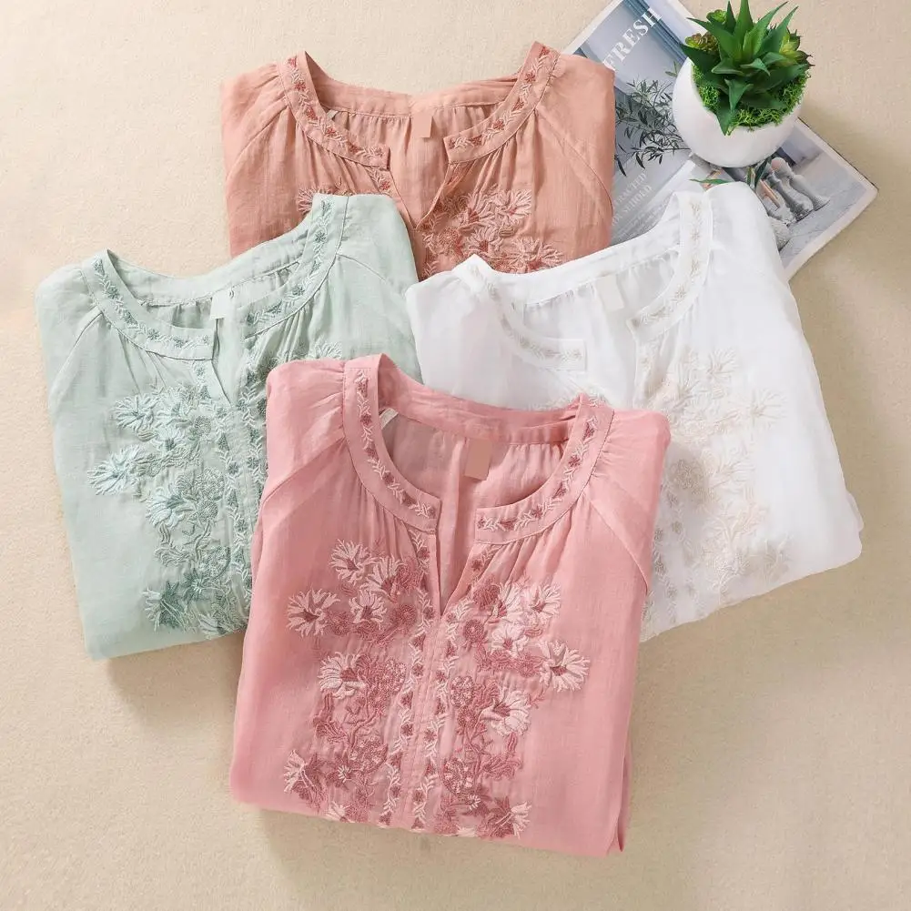 Cotton Linen Flower Embroidery Shirt Women Three Quarter Sleeves V Neck  Casual Blouse Loose Solid Color Mother Blouse Women Top