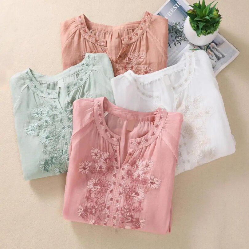 Cotton Linen Flower Embroidery Shirt Women Three Quarter Sleeves V Neck  Casual Blouse Loose Solid Color Mother Blouse Women Top - Image 2