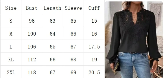 Luxury Lace Hollowed V-Neck Shirt Women Solid Color Long Sleeve Top Office Lady Elegant Daily Blouse