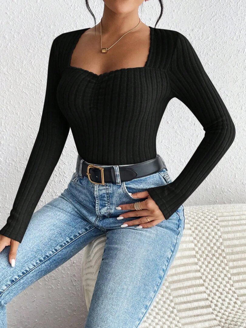 Autumn and winter fashion diamond collar knitted bottom shirt, women's casual long-sleeved tops, knitted long-sleeved T-shirt - Image 5