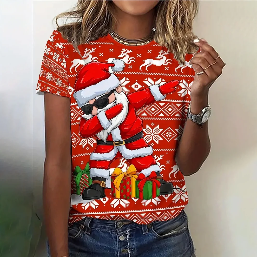 Christmas Women's T Shirt Cartoon Graphic Print Casual O Neck Short Sleeve Tee Street Funny T-Shirts Female Oversized Clothing