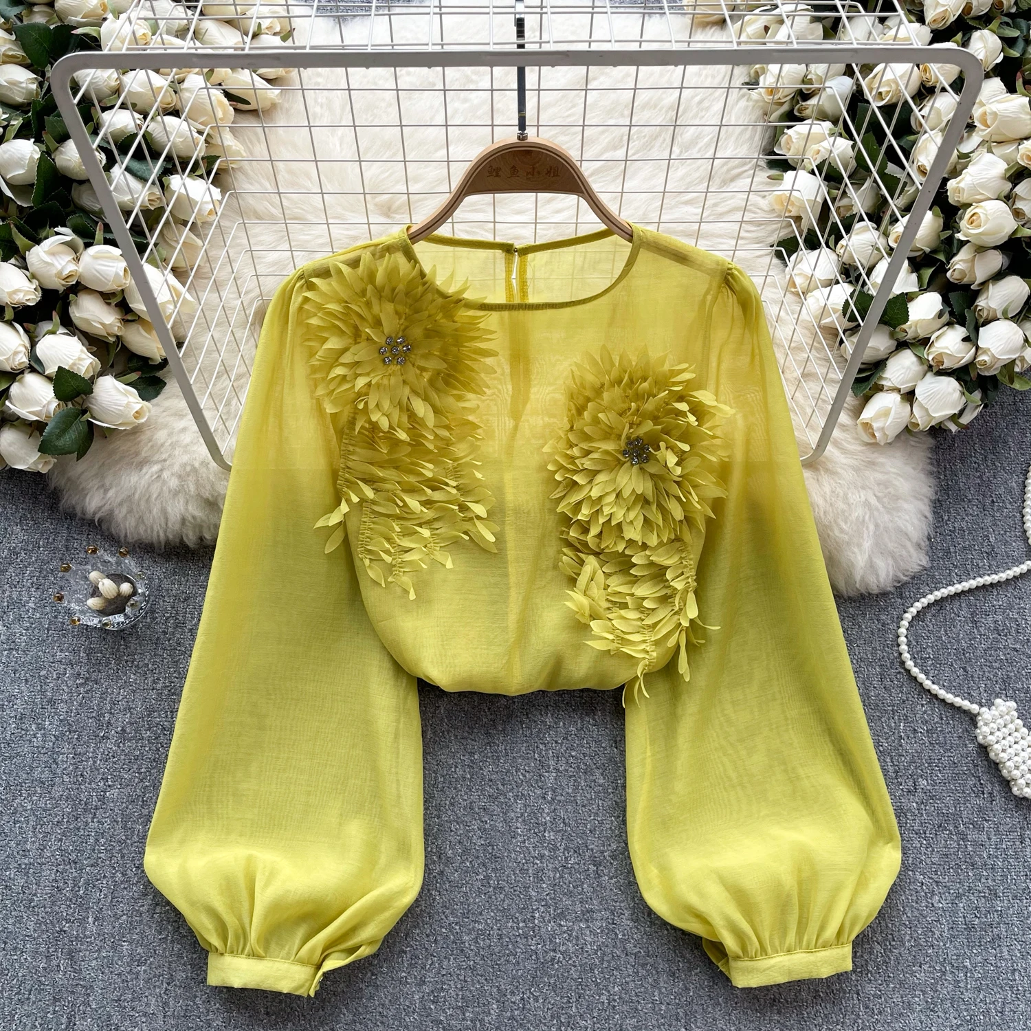 SINGREINY Spring Loose Satin Blouse Women O Neck Long Sleeves Sheer Bohemian Top 2024 Transparent 3D Floral Casual Shirt