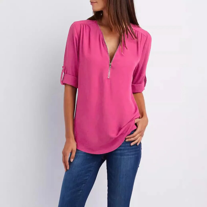 2024 Quality HotSale Plus Size Deep V Neck Women Blouse Chiffon Cool Loose Shirt Fashion Casual Ladies Tops Sexy Zipper Pullover - Image 4