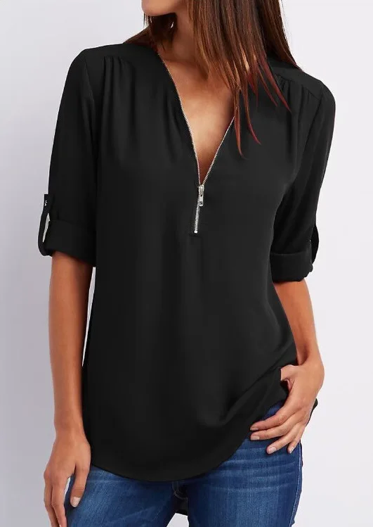 2024 Quality HotSale Plus Size Deep V Neck Women Blouse Chiffon Cool Loose Shirt Fashion Casual Ladies Tops Sexy Zipper Pullover