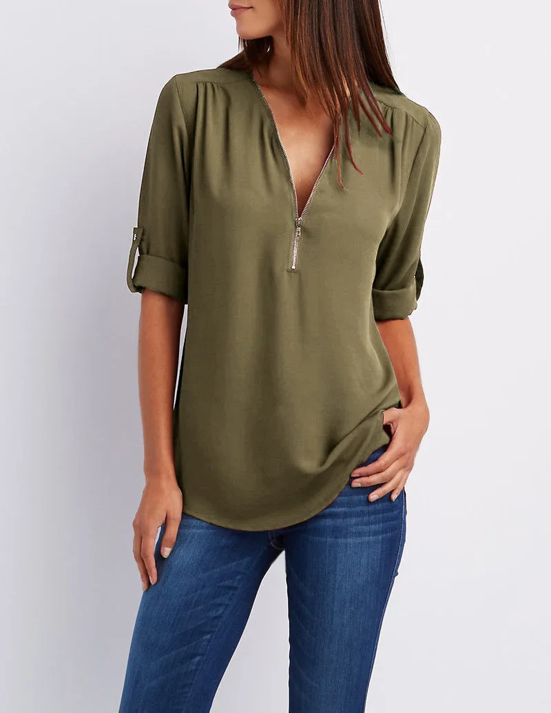 2024 Quality HotSale Plus Size Deep V Neck Women Blouse Chiffon Cool Loose Shirt Fashion Casual Ladies Tops Sexy Zipper Pullover