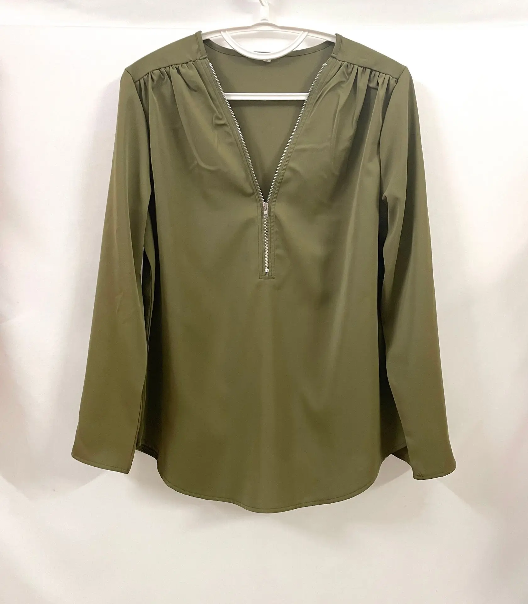 2024 Quality HotSale Plus Size Deep V Neck Women Blouse Chiffon Cool Loose Shirt Fashion Casual Ladies Tops Sexy Zipper Pullover