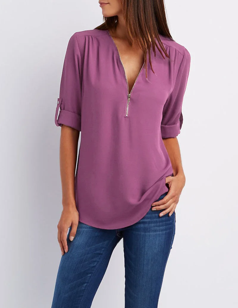 2024 Quality HotSale Plus Size Deep V Neck Women Blouse Chiffon Cool Loose Shirt Fashion Casual Ladies Tops Sexy Zipper Pullover