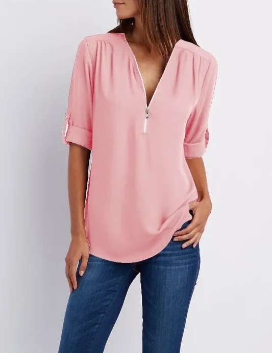 2024 Quality HotSale Plus Size Deep V Neck Women Blouse Chiffon Cool Loose Shirt Fashion Casual Ladies Tops Sexy Zipper Pullover