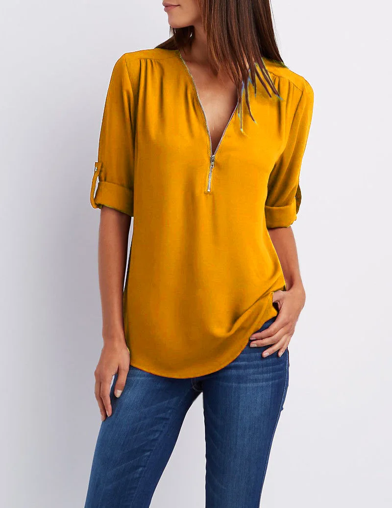 2024 Quality HotSale Plus Size Deep V Neck Women Blouse Chiffon Cool Loose Shirt Fashion Casual Ladies Tops Sexy Zipper Pullover