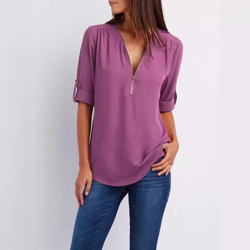 2024 Quality HotSale Plus Size Deep V Neck Women Blouse Chiffon Cool Loose Shirt Fashion Casual Ladies Tops Sexy Zipper Pullover - Image 3