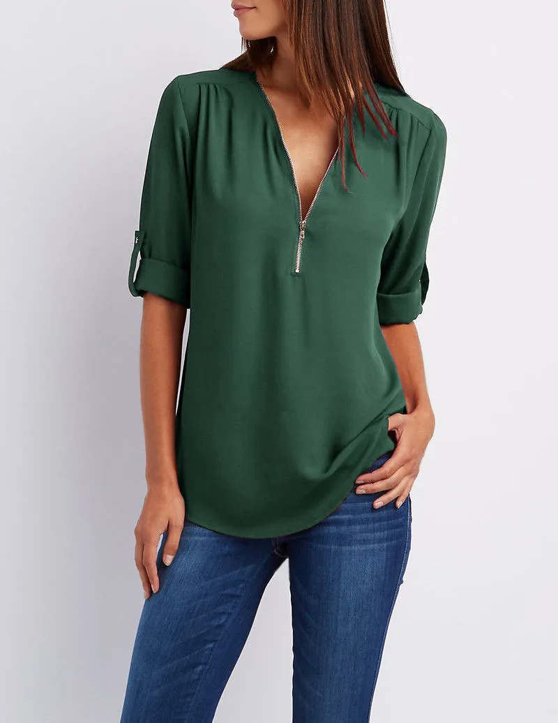 2024 Quality HotSale Plus Size Deep V Neck Women Blouse Chiffon Cool Loose Shirt Fashion Casual Ladies Tops Sexy Zipper Pullover