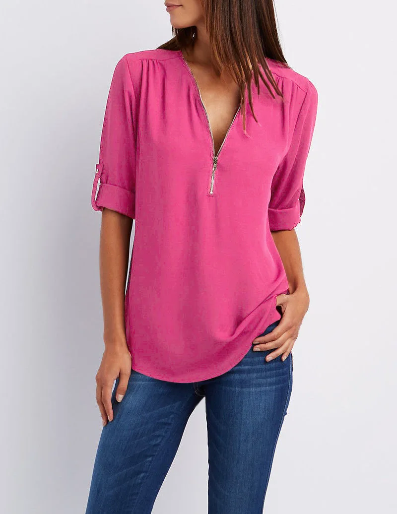 2024 Quality HotSale Plus Size Deep V Neck Women Blouse Chiffon Cool Loose Shirt Fashion Casual Ladies Tops Sexy Zipper Pullover