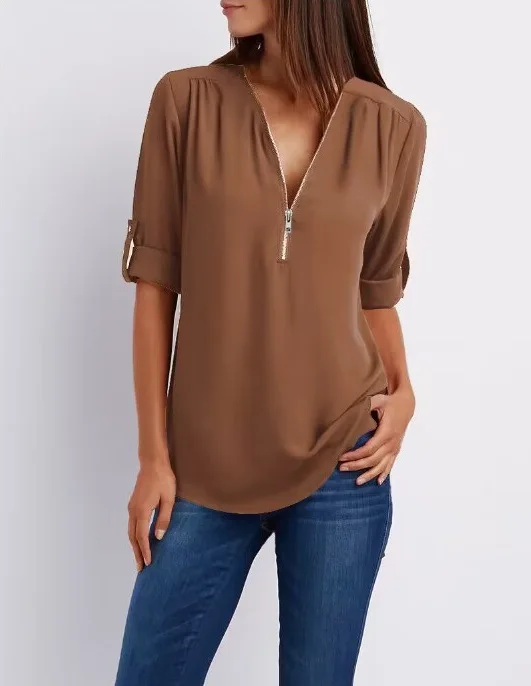 2024 Quality HotSale Plus Size Deep V Neck Women Blouse Chiffon Cool Loose Shirt Fashion Casual Ladies Tops Sexy Zipper Pullover