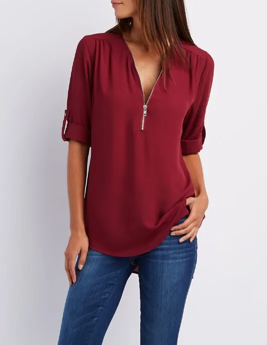 2024 Quality HotSale Plus Size Deep V Neck Women Blouse Chiffon Cool Loose Shirt Fashion Casual Ladies Tops Sexy Zipper Pullover