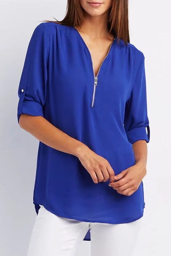 2024 Quality HotSale Plus Size Deep V Neck Women Blouse Chiffon Cool Loose Shirt Fashion Casual Ladies Tops Sexy Zipper Pullover