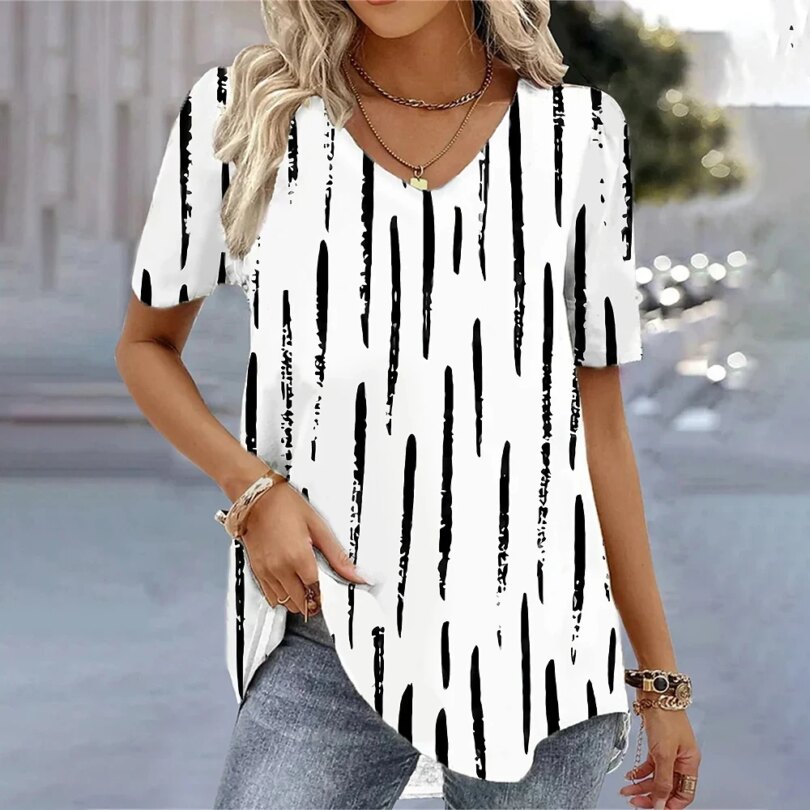 Fashion Woman Blouses 2024 T-shirt Women's 3d Flower Print White Kawaii V-neck T Shirt Female Clothing Oversized Summer Tops Tee - Image 6