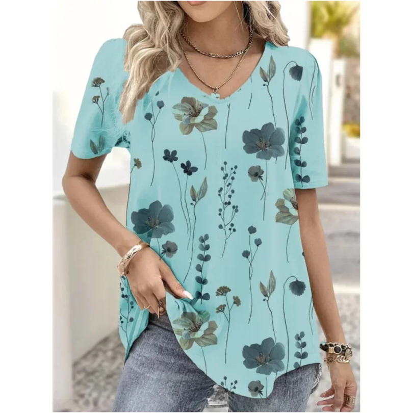 Fashion Woman Blouses 2024 T-shirt Women's 3d Flower Print White Kawaii V-neck T Shirt Female Clothing Oversized Summer Tops Tee - Image 3