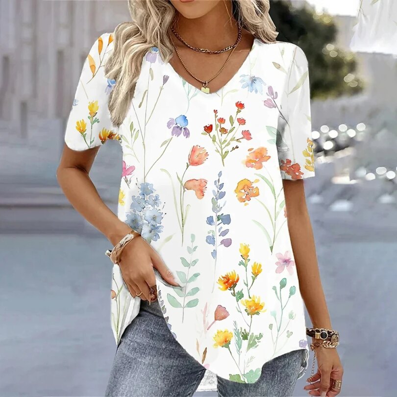 Fashion Woman Blouses 2024 T-shirt Women's 3d Flower Print White Kawaii V-neck T Shirt Female Clothing Oversized Summer Tops Tee - Image 4