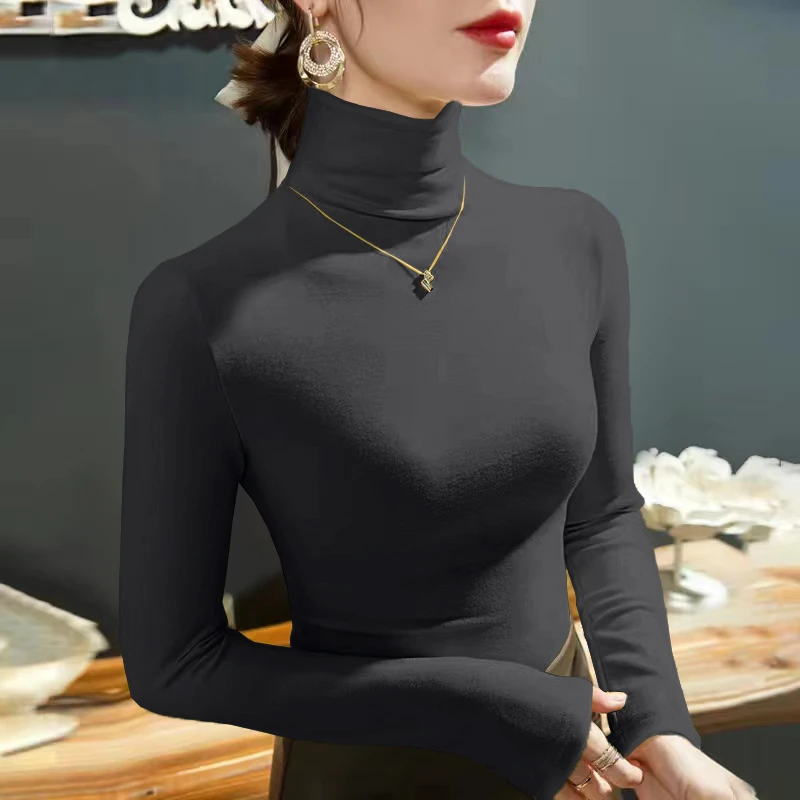 2023 Fashion Autumn Winter Female Turtleneck Fleece Stretch Shirt Women Long Sleeve T-shirt Warm Basic Pullover Bottoming Tops