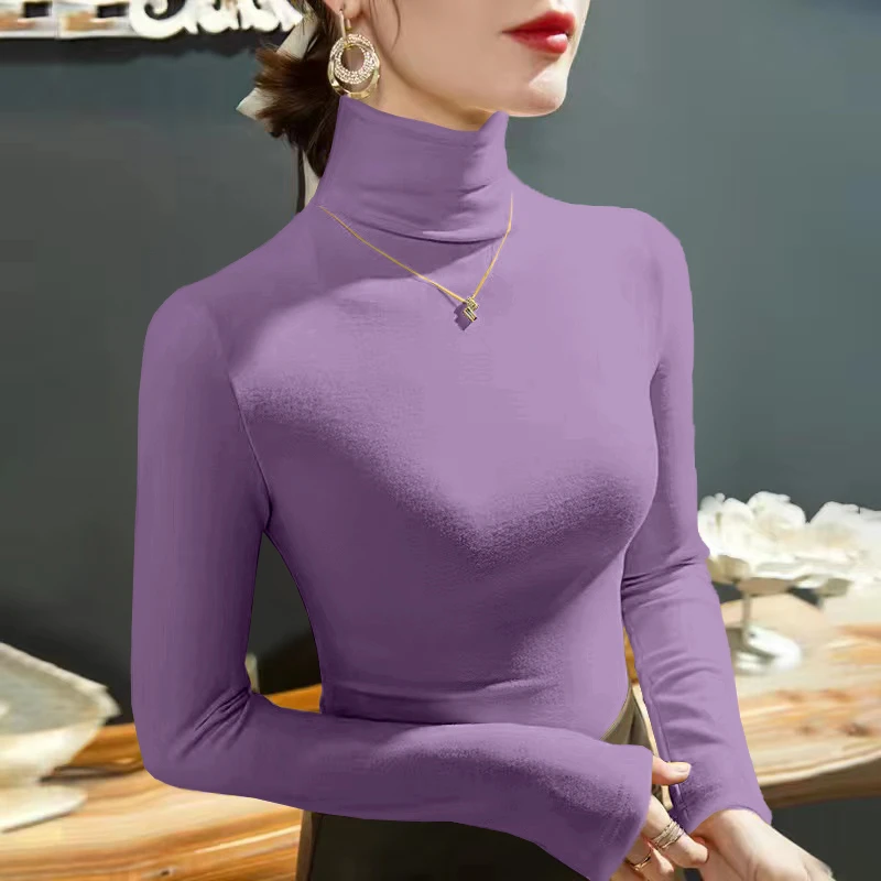 2023 Fashion Autumn Winter Female Turtleneck Fleece Stretch Shirt Women Long Sleeve T-shirt Warm Basic Pullover Bottoming Tops