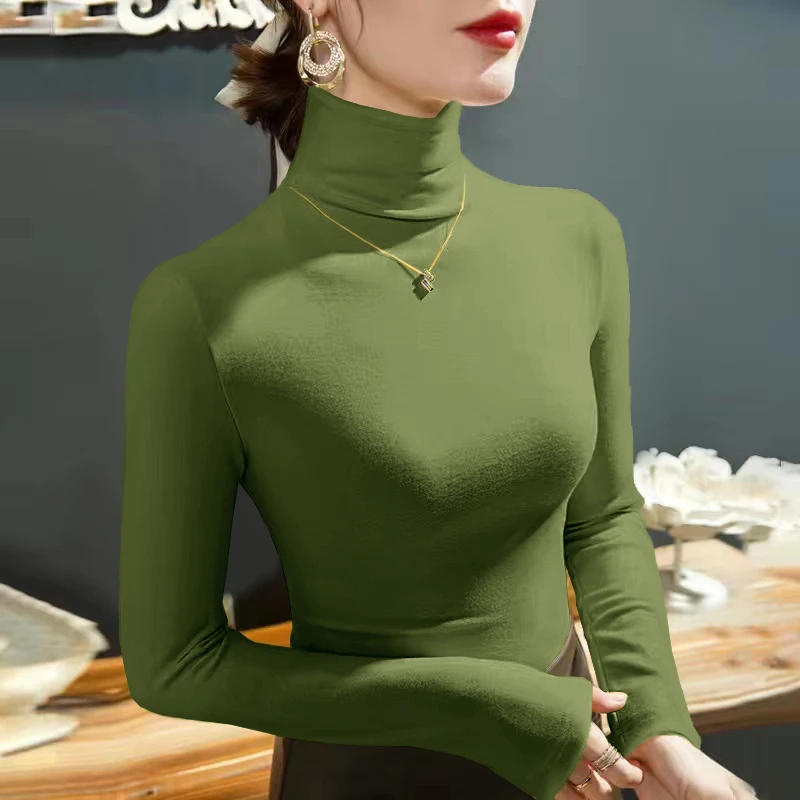 2023 Fashion Autumn Winter Female Turtleneck Fleece Stretch Shirt Women Long Sleeve T-shirt Warm Basic Pullover Bottoming Tops