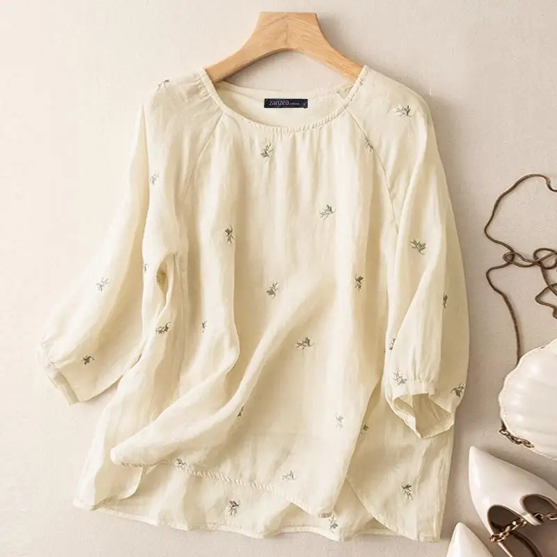 Vintage Women Embroidery Blouse Spring 3/4 Sleeve Floral Tops ZANZEA 2023 Causal Work Shirt Female O Neck Cotton Blusas Oversize