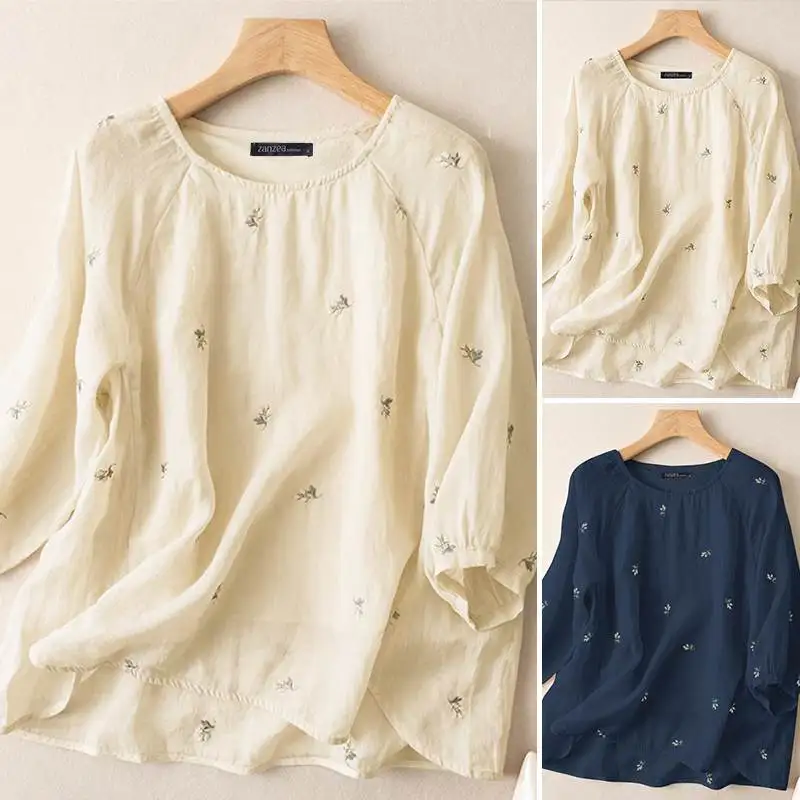 Vintage Women Embroidery Blouse Spring 3/4 Sleeve Floral Tops ZANZEA 2023 Causal Work Shirt Female O Neck Cotton Blusas Oversize