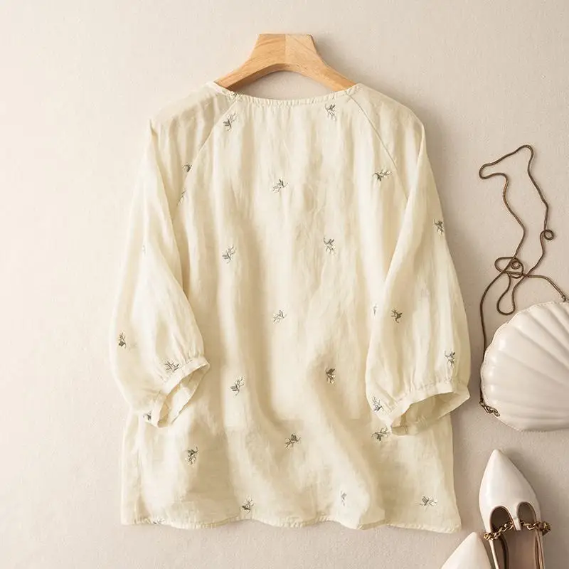 Vintage Women Embroidery Blouse Spring 3/4 Sleeve Floral Tops ZANZEA 2023 Causal Work Shirt Female O Neck Cotton Blusas Oversize