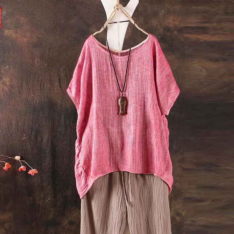 2024 Summer Women Solid Loose Blouse Plain O-Neck Tops Ladies Casual Shirt Blusas Asymmetrical Short Batwing Sleeve Feminina