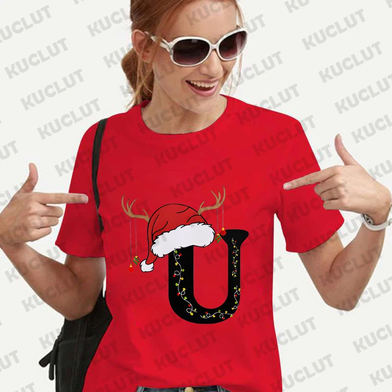 Christmas 26 Alphabet Printed T-Shirt Women Fashion Merry Christmas Gift for Female Clothing Casual Harajuku Short Sleeve Tees