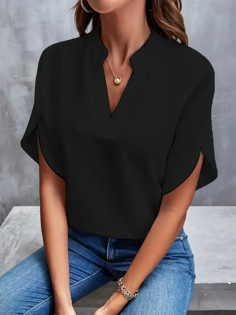 Women Elegant Solid Chiffon Blouse Spring Summer Casual Long Sleeve V Neck Loose Shirt Office Lady Tunics Oversized Tops 2024