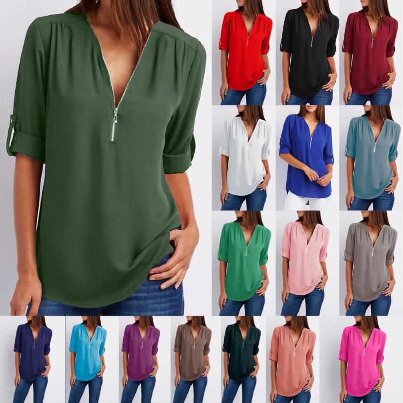 Summer Women Cool Loose Shirt Deep V Neck Chiffon Blouse Casual Ladies Tops Sexy Zipper Pullover Plus Size Long Sleeve Fashion