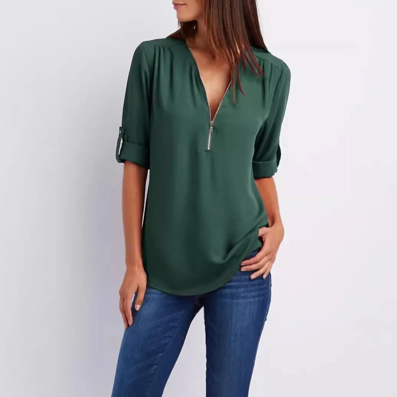 Summer Women Cool Loose Shirt Deep V Neck Chiffon Blouse Casual Ladies Tops Sexy Zipper Pullover Plus Size Long Sleeve Fashion - Image 3