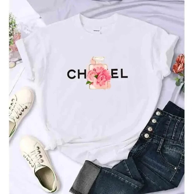 Women's Summer Cotton T-Shirt Alphabet Flower Perfume Shirt Fashion Printed Pattern T-Shirt Brand High Quality Short Sleeve Top - Image 2