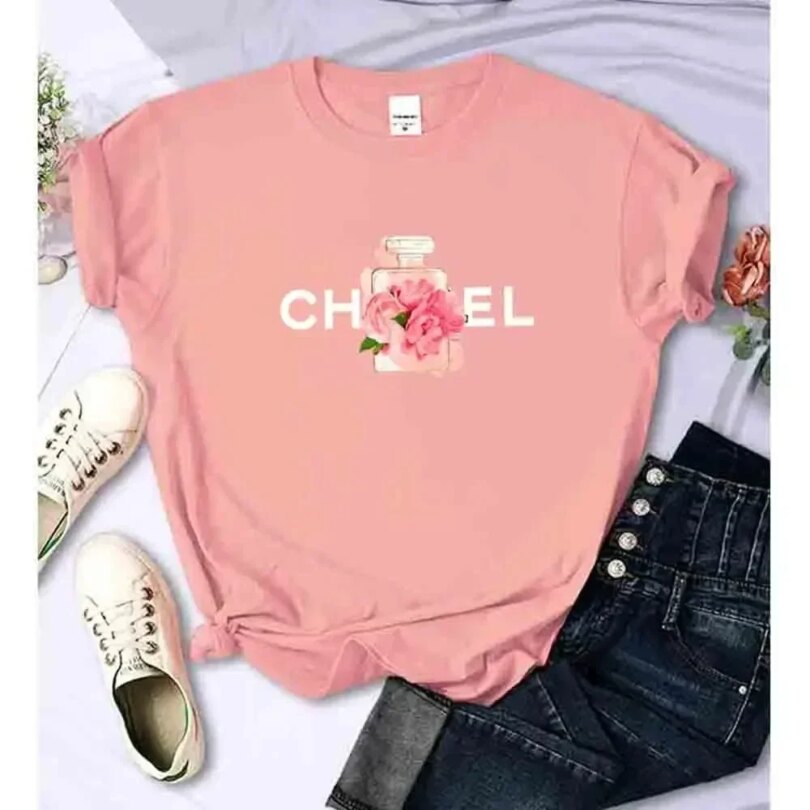 Women's Summer Cotton T-Shirt Alphabet Flower Perfume Shirt Fashion Printed Pattern T-Shirt Brand High Quality Short Sleeve Top - Image 6