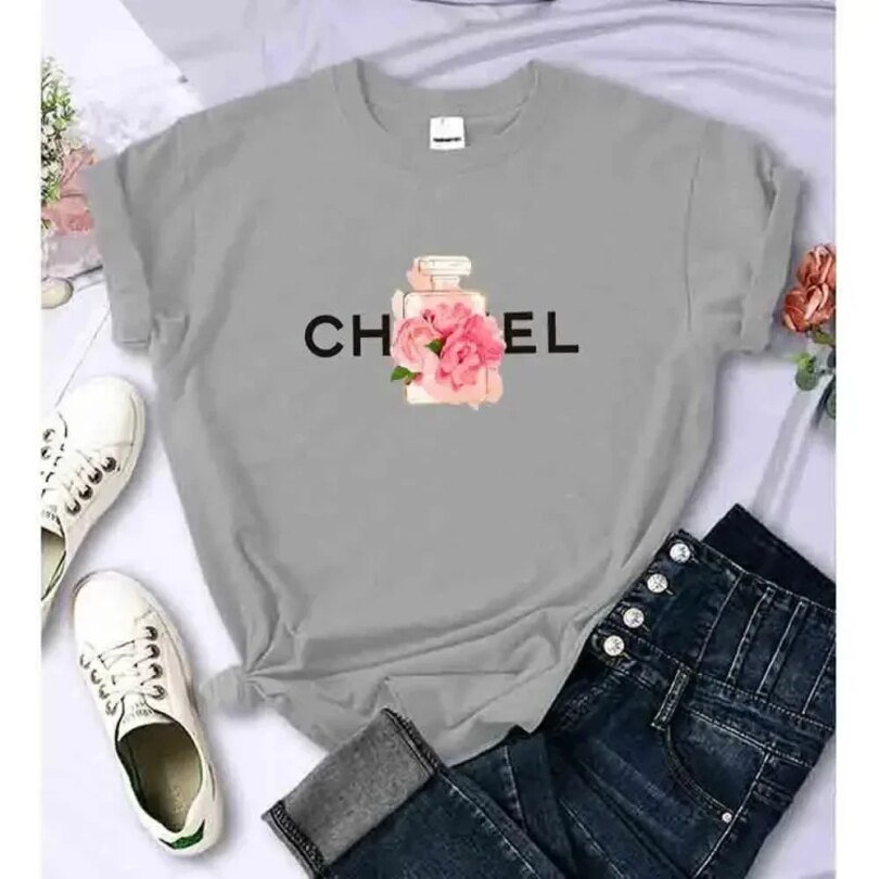 Women's Summer Cotton T-Shirt Alphabet Flower Perfume Shirt Fashion Printed Pattern T-Shirt Brand High Quality Short Sleeve Top - Image 4