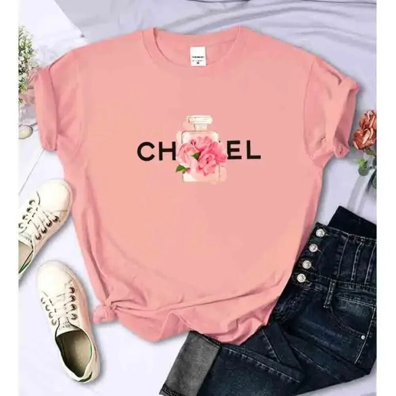 Women's Summer Cotton T-Shirt Alphabet Flower Perfume Shirt Fashion Printed Pattern T-Shirt Brand High Quality Short Sleeve Top - Image 3