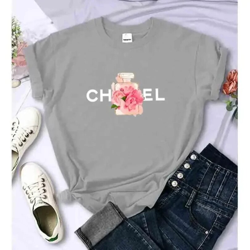 Women's Summer Cotton T-Shirt Alphabet Flower Perfume Shirt Fashion Printed Pattern T-Shirt Brand High Quality Short Sleeve Top - Image 5