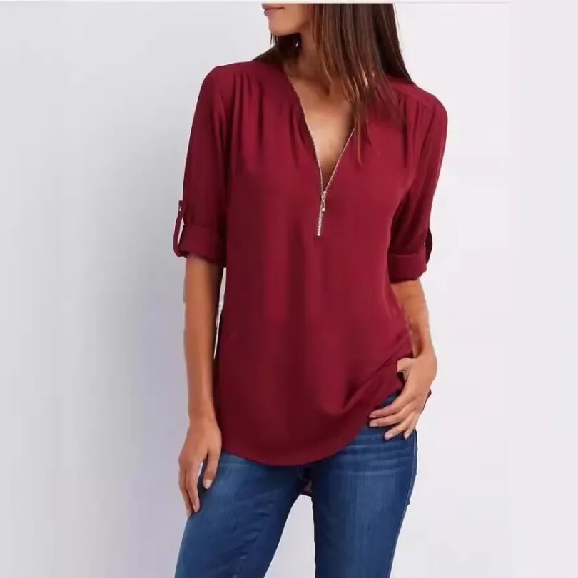 2024 Hot Sale Women Cool Loose Shirt Deep V Neck Chiffon Fashion Blouse Casual Ladies Tops Sexy Zipper Pullover Plus Size - Image 4