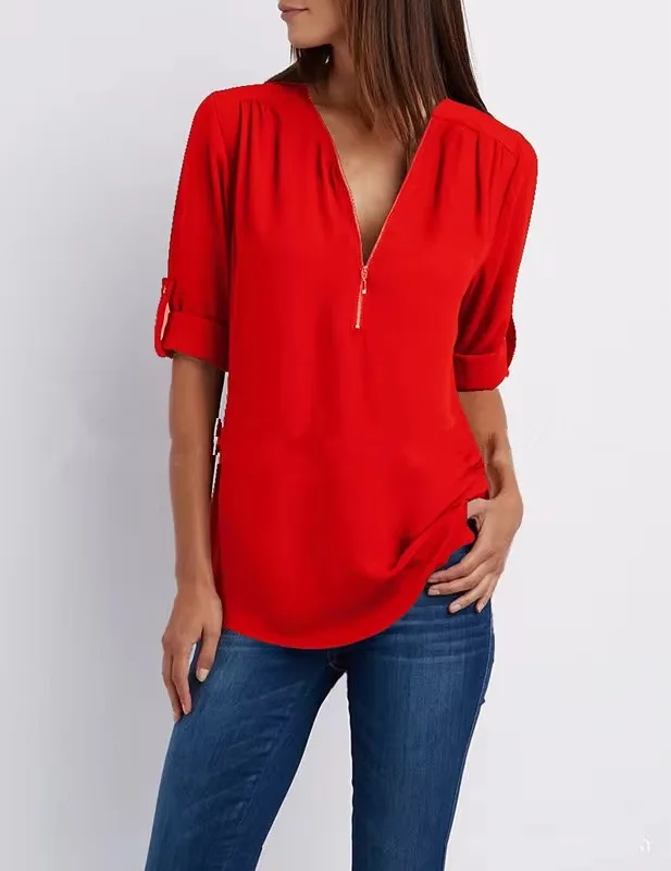 2024 Hot Sale Women Cool Loose Shirt Deep V Neck Chiffon Fashion Blouse Casual Ladies Tops Sexy Zipper Pullover Plus Size