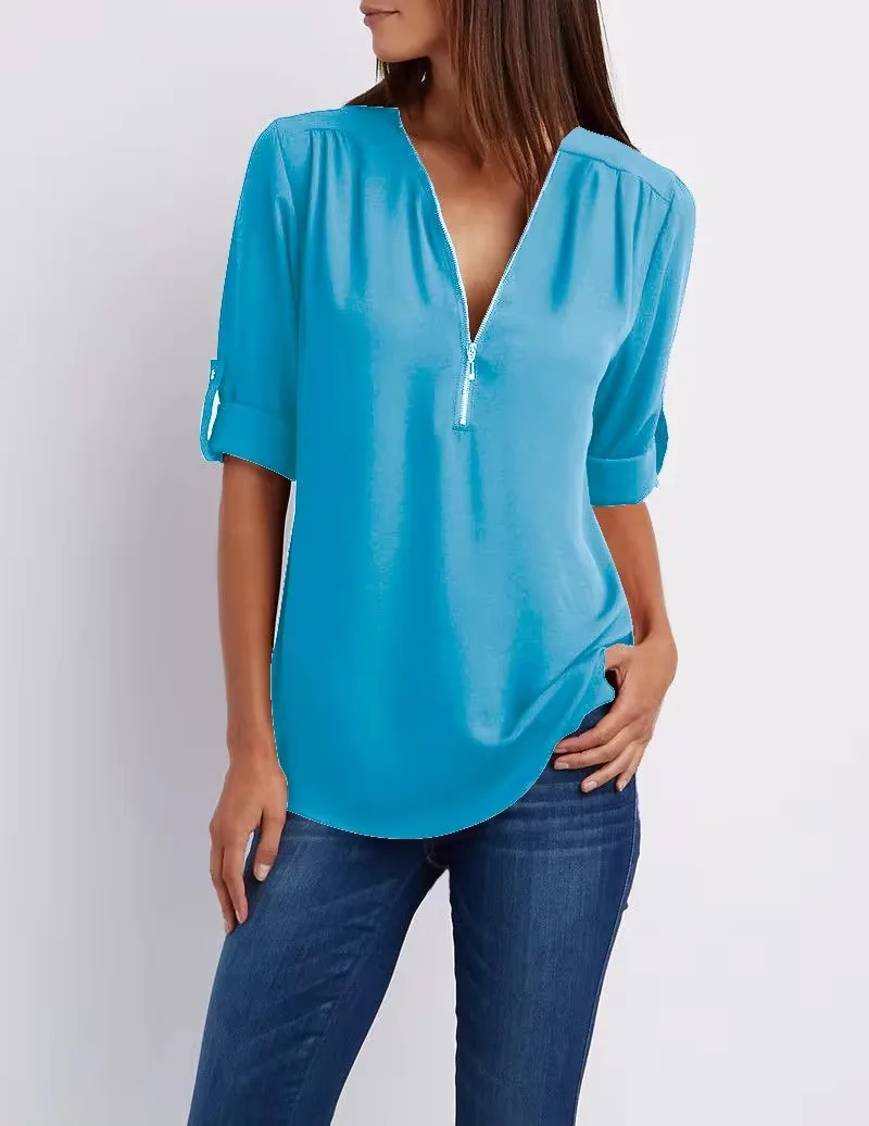 2024 Hot Sale Women Cool Loose Shirt Deep V Neck Chiffon Fashion Blouse Casual Ladies Tops Sexy Zipper Pullover Plus Size