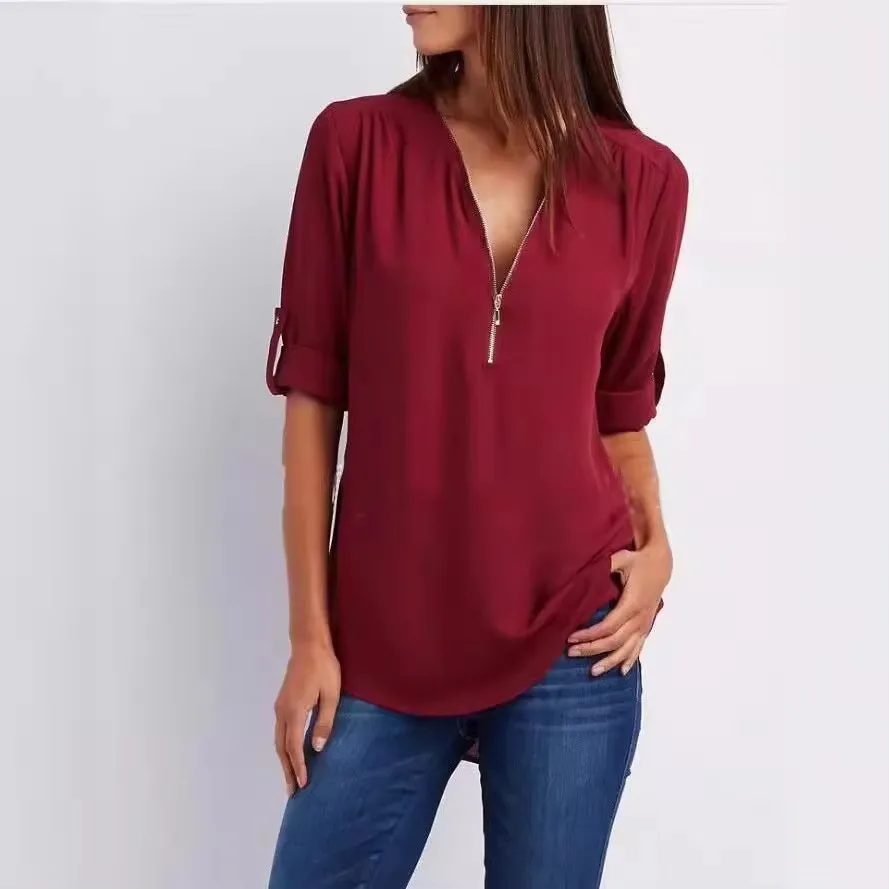 2024 Hot Sale Women Cool Loose Shirt Deep V Neck Chiffon Fashion Blouse Casual Ladies Tops Sexy Zipper Pullover Plus Size